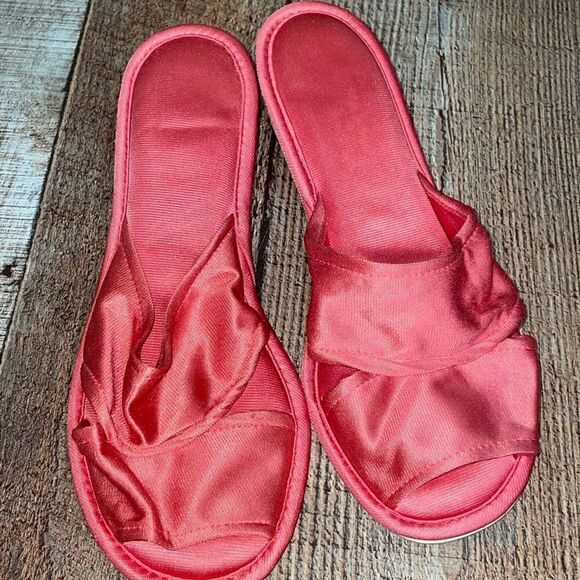 Vanity Fair Vintage Nylon Satin Peep Toe Slippers 5/6 Coral Boudoir - Picture 2 of 9